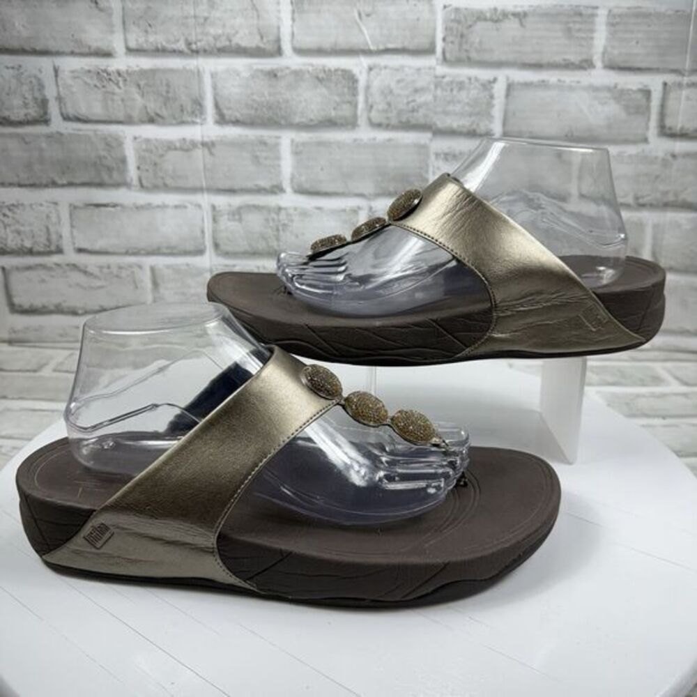 FitFlop Women's 11 Jewel Embellished Bronze Metallic Leather Toe Post Sandals